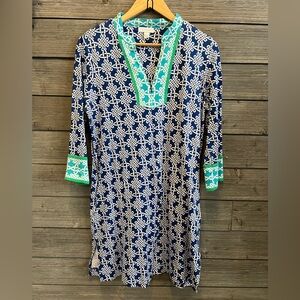 100% Cotton Charter Club Geometric Turquoise & White Dress with Green Highlights